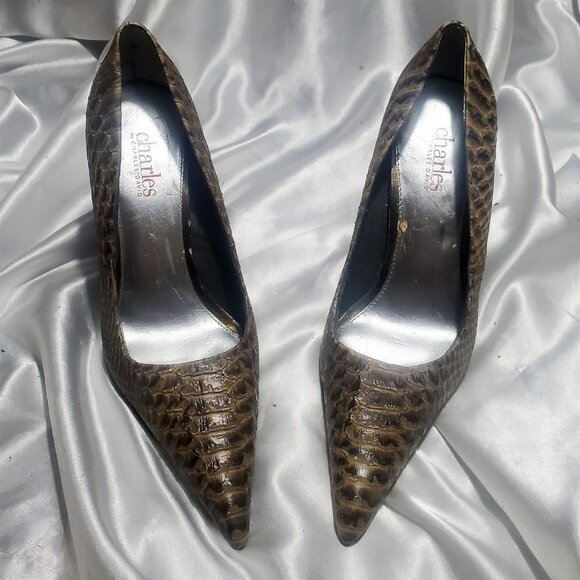 CHARLES BY CHARLES DAVID brown tan croc leather pointy toe high heel pumps SZ 7 - Picture 2 of 5